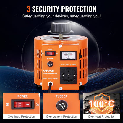 1000VA automatisk variabel spänningstransformator, 3,3 Amp, 230V ingång 0-300V utgång AC spänningsregulator strömförsörjning, med 4 extra säkringar termisk kontrollbrytare för hemmakontor, CE-certifierad