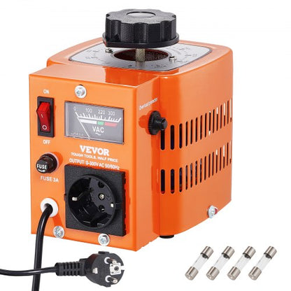 500VA Auto Variable Voltage Transformer, 1.7 Amp, 230V Input 0-300V Output AC Voltage Regulator Power Supply, with 4 Extra Fuses Thermal Control Switch for Home Industrial Office, CE-Certified