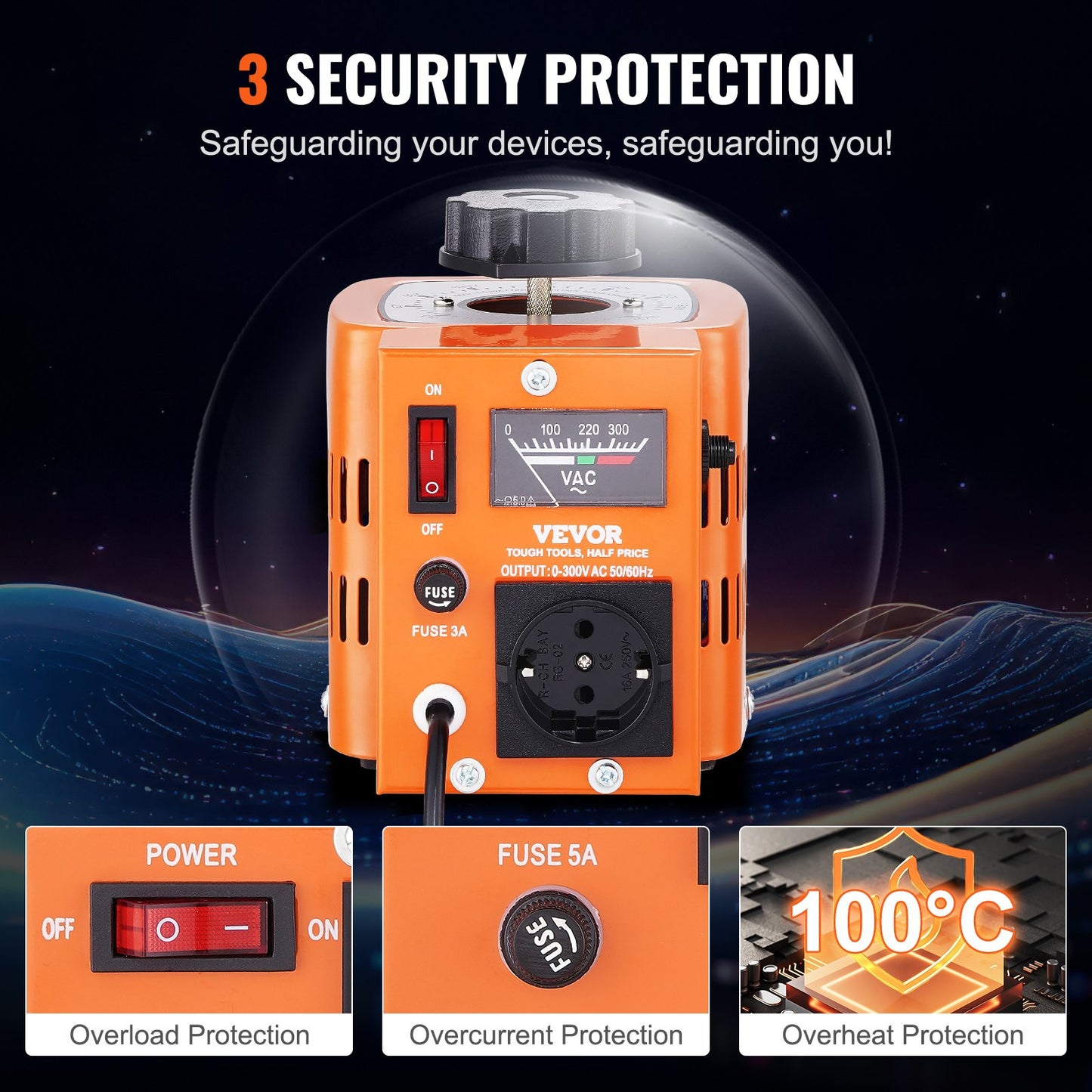 500VA Auto Variable Voltage Transformer, 1.7 Amp, 230V Input 0-300V Output AC Voltage Regulator Power Supply, with 4 Extra Fuses Thermal Control Switch for Home Industrial Office, CE-Certified