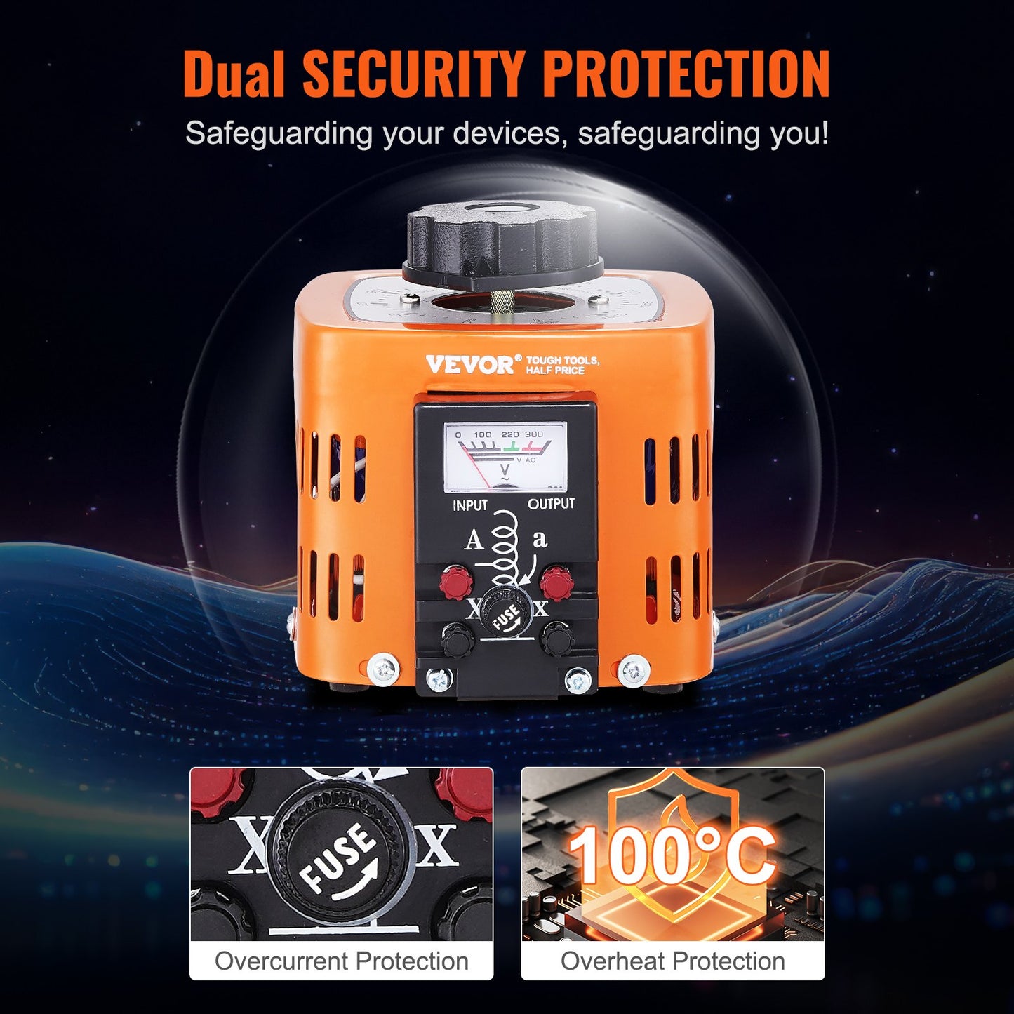 500VA automatisk variabel spänningstransformator, 1,7 Amp, 230V ingång 0-300V utgång AC spänningsregulator strömförsörjning, med 4 extra säkringar termisk kontrollbrytare för hemmakontor, CE-certifierad