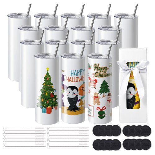 16 Pack Straight Sublimation Tumblers, 20 oz/567 g Blank Tumbler Bulk, Stainless Steel Double Wall Tumbler Cups with Straw, Lid, Brush, Base, Shrink Wrap, Gift Box, for Heat Press and Heat Transfer