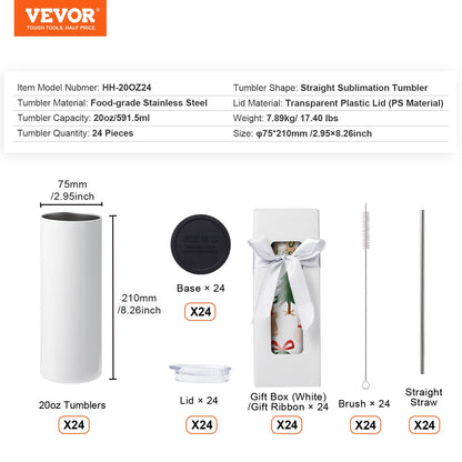 24-pack raka sublimeringsmuggar, 591,5 ml tomma tumblermuggar i bulk, dubbelväggiga tumblermuggar i rostfritt stål med sugrör, lock, borste, botten, krympplast, presentask, för värmepress och värmeöverföring