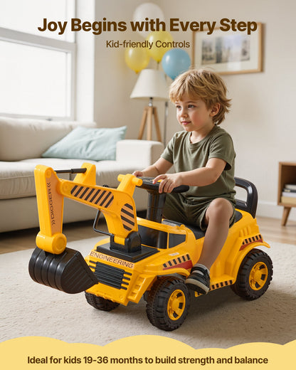Åkbil för småbarn, skjutbil för småbarn 19 till 36 månader, grävmaskinsleksak med hjälm och musik, 25 kg lastkapacitet, gåstol från fot till golv för barn, gul