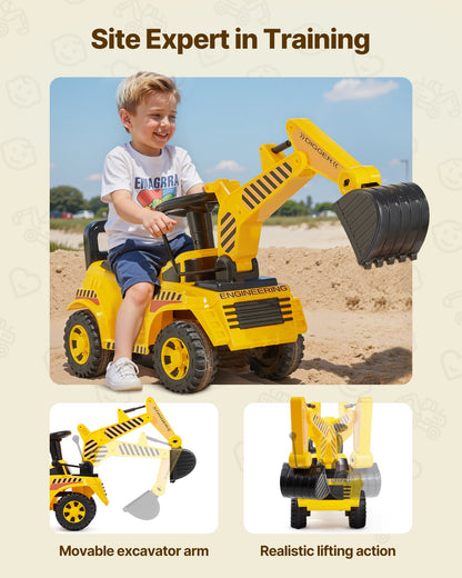 Åkbil för småbarn, skjutbil för småbarn 19 till 36 månader, grävmaskinsleksak med hjälm och musik, 25 kg lastkapacitet, gåstol från fot till golv för barn, gul