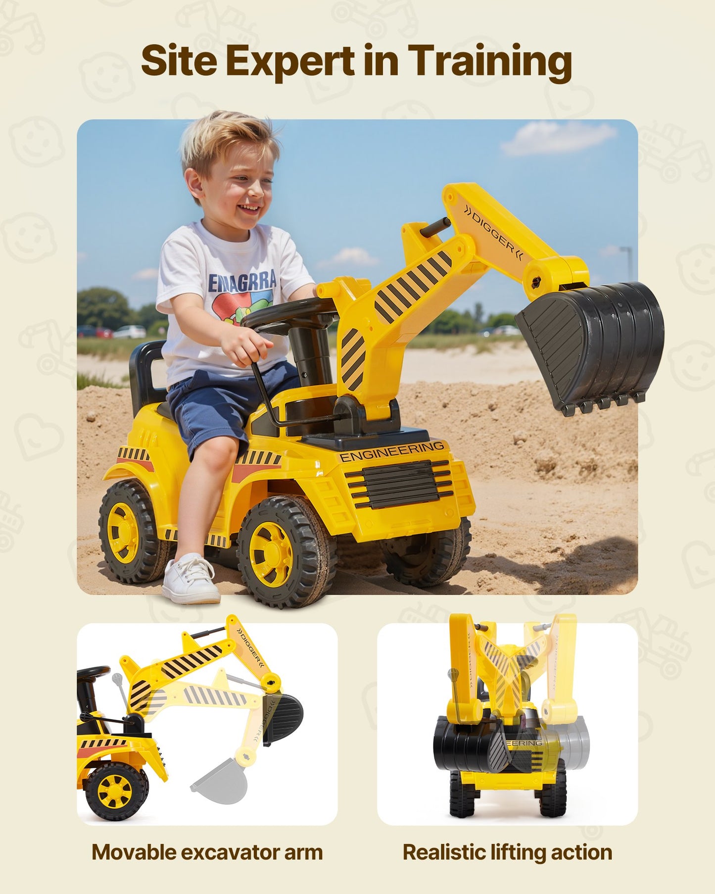 Åkbil för småbarn, skjutbil för småbarn 19 till 36 månader, grävmaskinsleksak med hjälm och musik, 25 kg lastkapacitet, gåstol från fot till golv för barn, gul