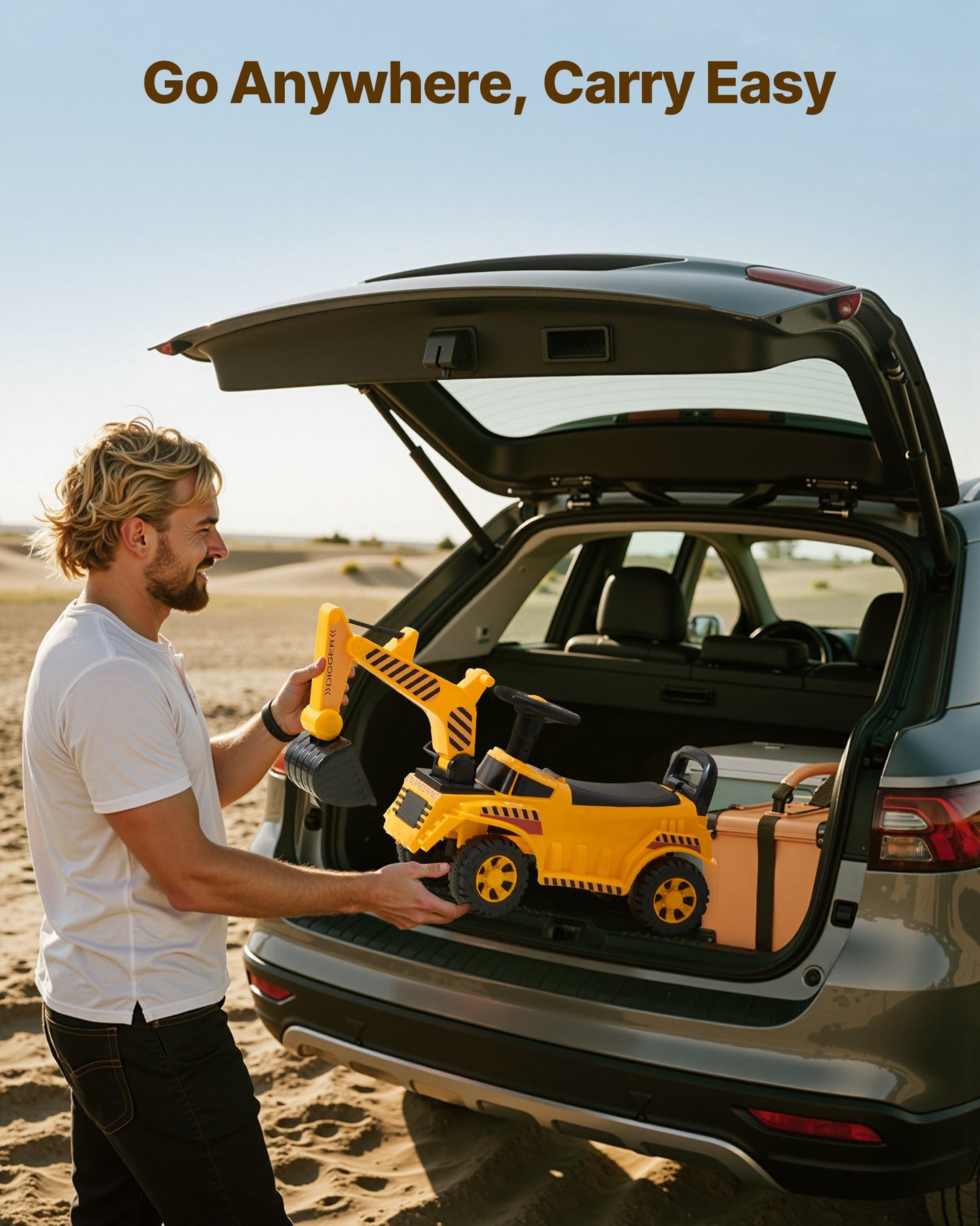 Åkbil för småbarn, skjutbil för småbarn 19 till 36 månader, grävmaskinsleksak med hjälm och musik, 25 kg lastkapacitet, gåstol från fot till golv för barn, gul