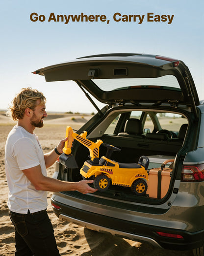 Åkbil för småbarn, skjutbil för småbarn 19 till 36 månader, grävmaskinsleksak med hjälm och musik, 25 kg lastkapacitet, gåstol från fot till golv för barn, gul