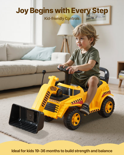 Åkbil för småbarn, åkbil för grävmaskin för småbarn 19 till 36 månader, grävmaskin, bulldozer, grävmaskin, leksak med förvaring under sätet och musik, 25 kg lastkapacitet, gåstol från fot till golv för barn, gul