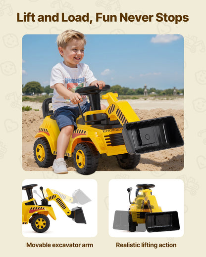 Åkbil för småbarn, åkbil för grävmaskin för småbarn 19 till 36 månader, grävmaskin, bulldozer, grävmaskin, leksak med förvaring under sätet och musik, 25 kg lastkapacitet, gåstol från fot till golv för barn, gul