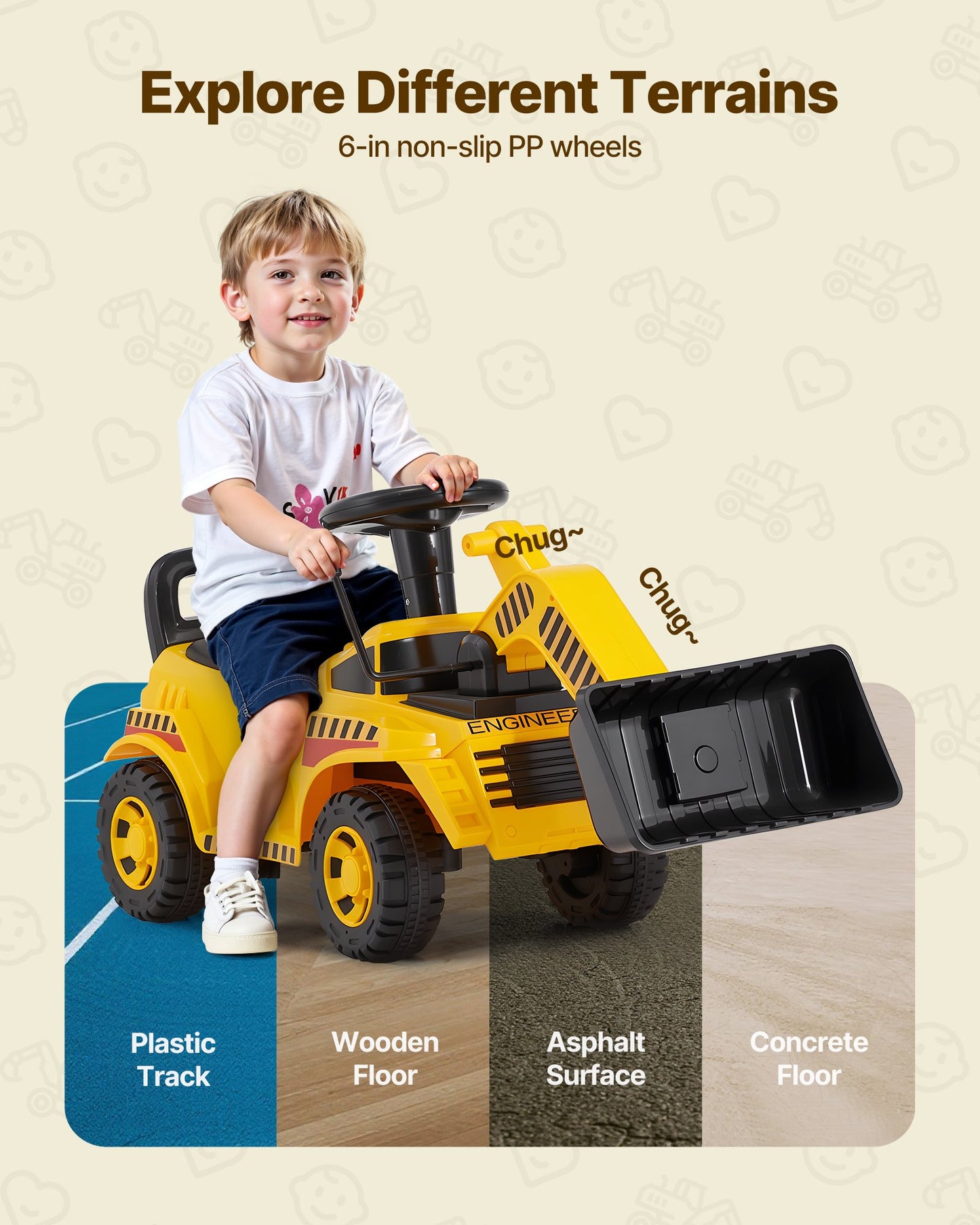 Åkbil för småbarn, åkbil för grävmaskin för småbarn 19 till 36 månader, grävmaskin, bulldozer, grävmaskin, leksak med förvaring under sätet och musik, 25 kg lastkapacitet, gåstol från fot till golv för barn, gul