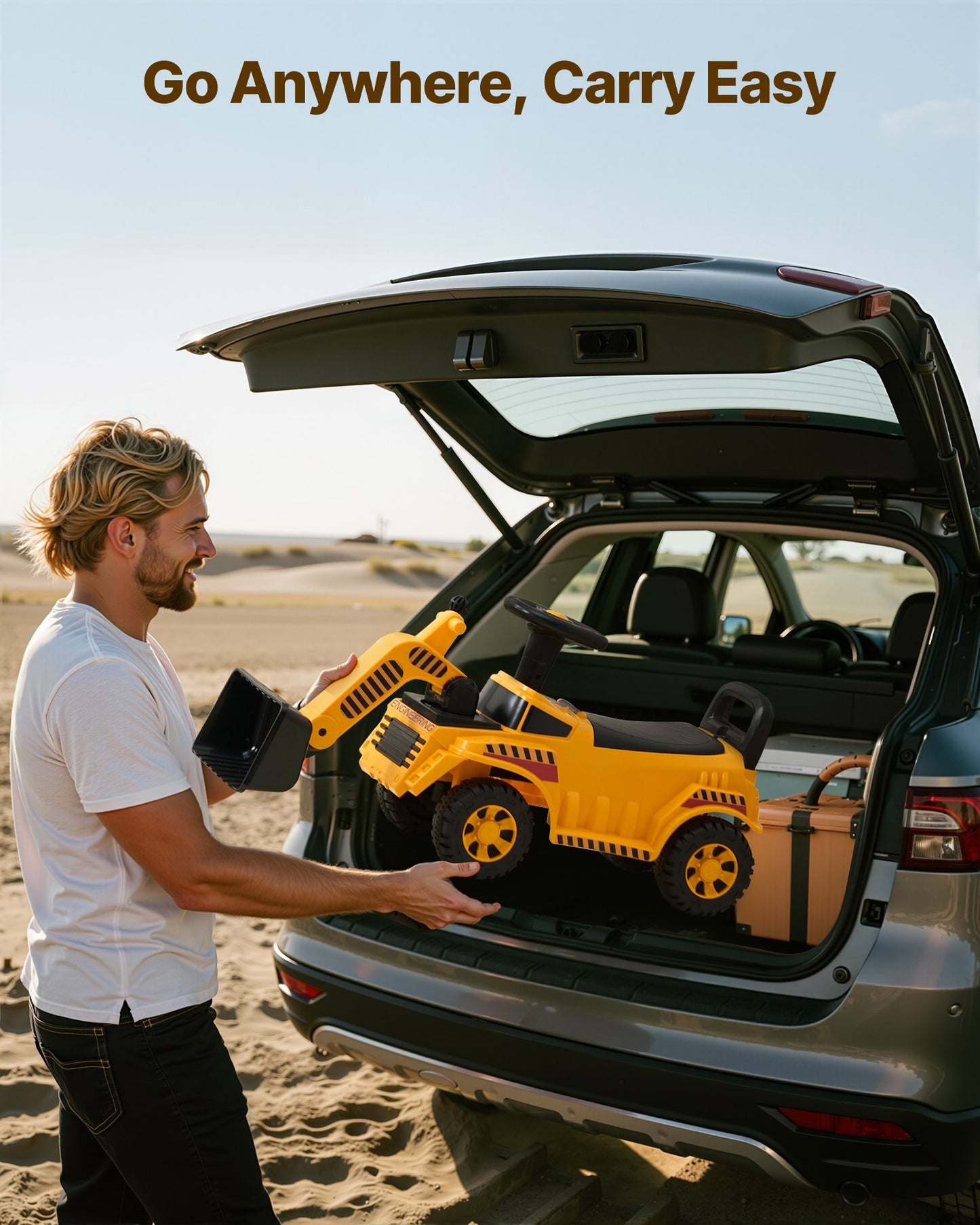 Åkbil för småbarn, åkbil för grävmaskin för småbarn 19 till 36 månader, grävmaskin, bulldozer, grävmaskin, leksak med förvaring under sätet och musik, 25 kg lastkapacitet, gåstol från fot till golv för barn, gul