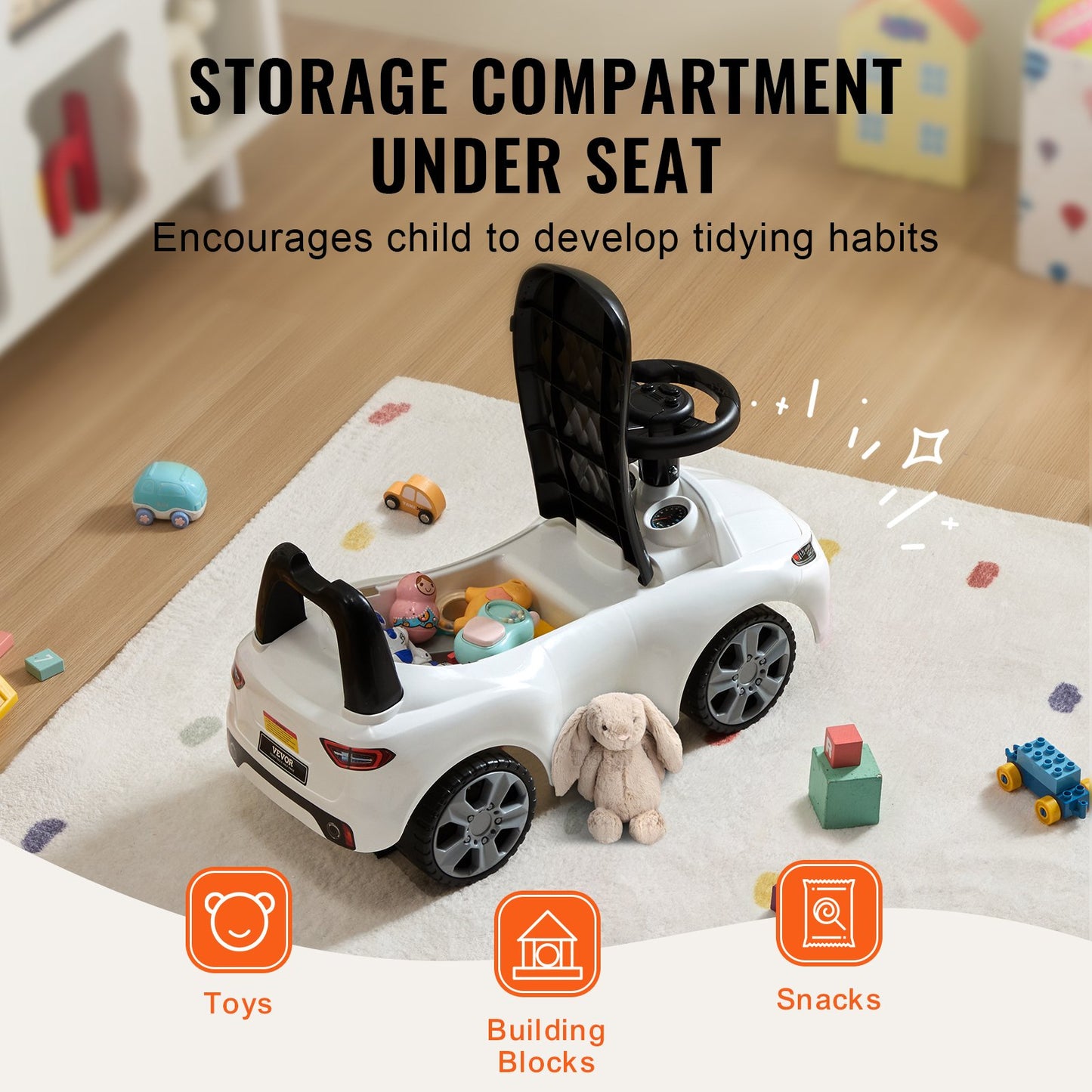 Ride On Push Car for Toddlers, Ages 1-3, Ride Racer, Sit to Stand Toddler Ride On Toy, Classic Kids Ride On Car with Music Steering Wheel & Under Seat Storage, Ride On Toy for Boys Girls, White