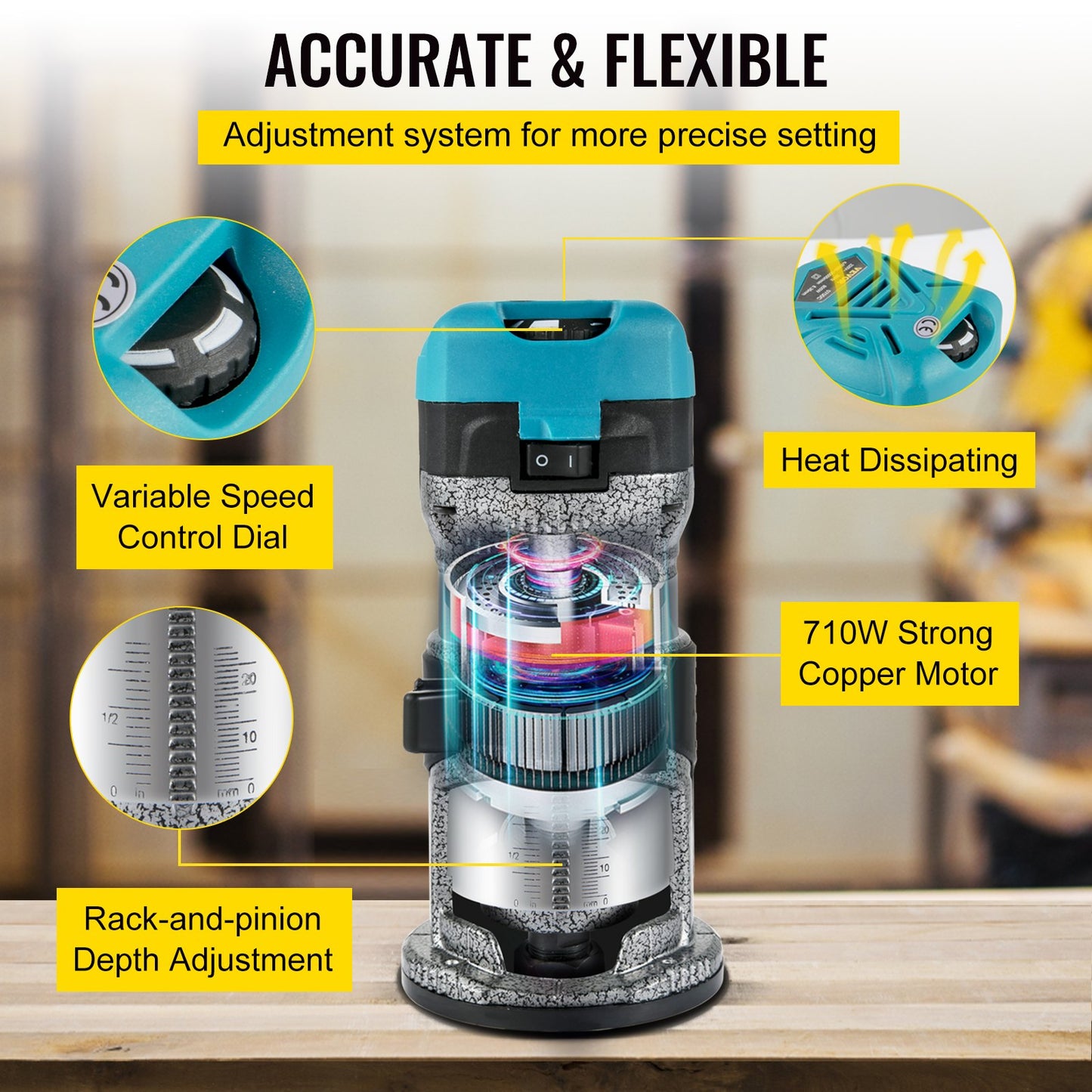 Router Tool, 710W Wood Router, Router for Woodworking with 3 Router Collets, Wood Router Tool with Fixed & Plunge & Tilt Base, Woodworking Router with Aluminum Shell & 13000-33000 r/min Rotating