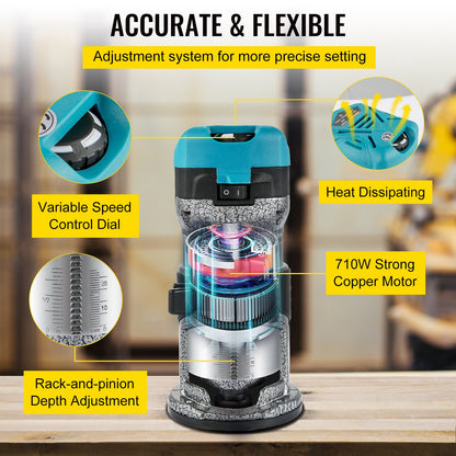 Fräsverktyg, 710W träfräs, Fräs för träbearbetning med 3 fräshylsor, Träfräsverktyg med fast &amp; dyk- &amp; lutnings- &amp; förskjutningsbas, Träbearbetningsfräs med aluminiumskal &amp; variabel roterande