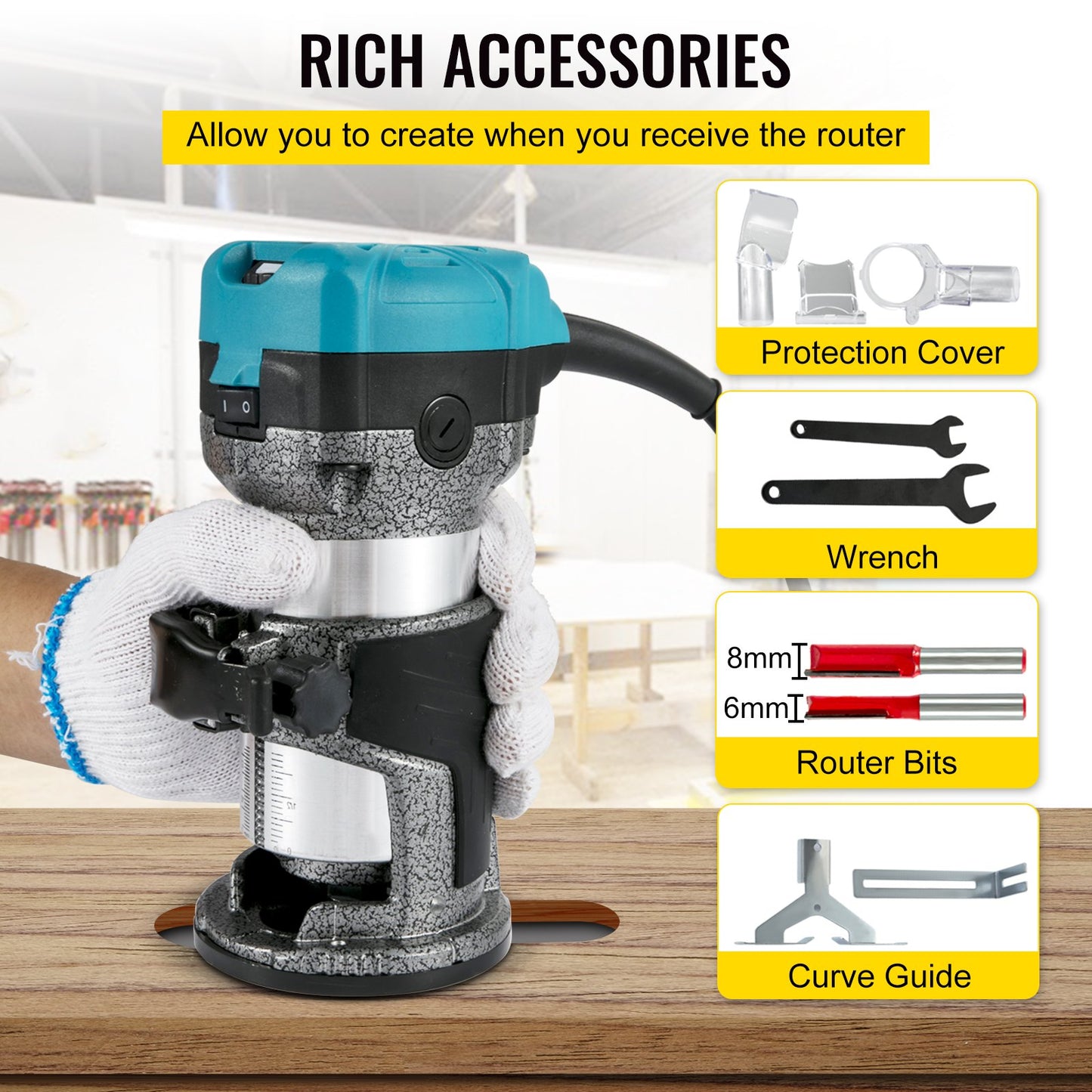 Fräsverktyg, 710W träfräs, Fräs för träbearbetning med 3 fräshylsor, Träfräsverktyg med fast &amp; dyk- &amp; lutnings- &amp; förskjutningsbas, Träbearbetningsfräs med aluminiumskal &amp; variabel roterande