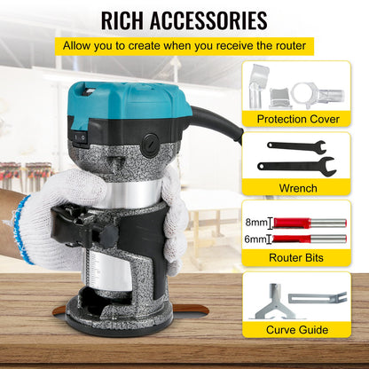 Router Tool, 710W Wood Router, Router for Woodworking with Three Router Collets, Wood Router Tool with Fixed Base, Woodworking Router with Aluminum Shell and 13000 - 33000 r/min Rotating Speed