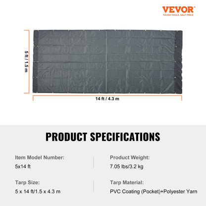 Dump Truck Mesh Tarp, 5 x 14 ft, PVC Coated Black Heavy Duty Cover with 5.5" 18oz Double Pocket, Brass Grommets, Reinforced Double Needle Stitch Webbing Fits Manual or Electric Dump Truck System