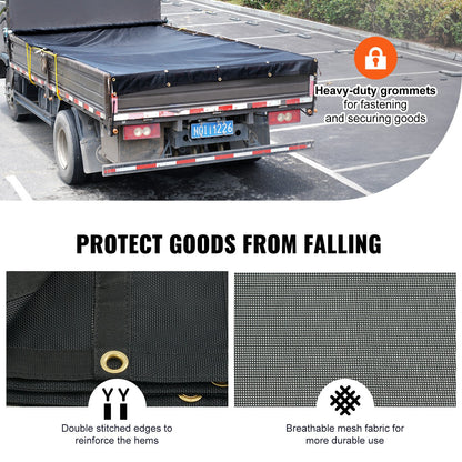 Dump Truck Mesh Tarp, 8 x 18 ft, PVC Coated Black Heavy Duty Cover with 5.5" 18oz Double Pocket, Brass Grommets, Reinforced Double Needle Stitch Webbing Fits Manual or Electric Dump Truck System