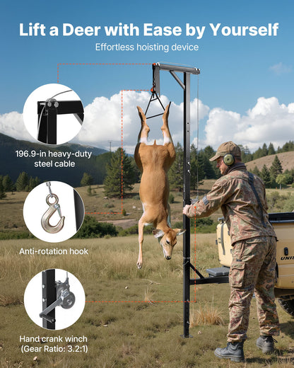 Truck Hitch Game Hoist, 500 lbs Load Capacity, Hunting Deer Hoist with 2-inch Receiver, 360-Degree Swivel Shaft & Adjustable Height, Includes Gambrel Winch for Skinning & Cleaning Game