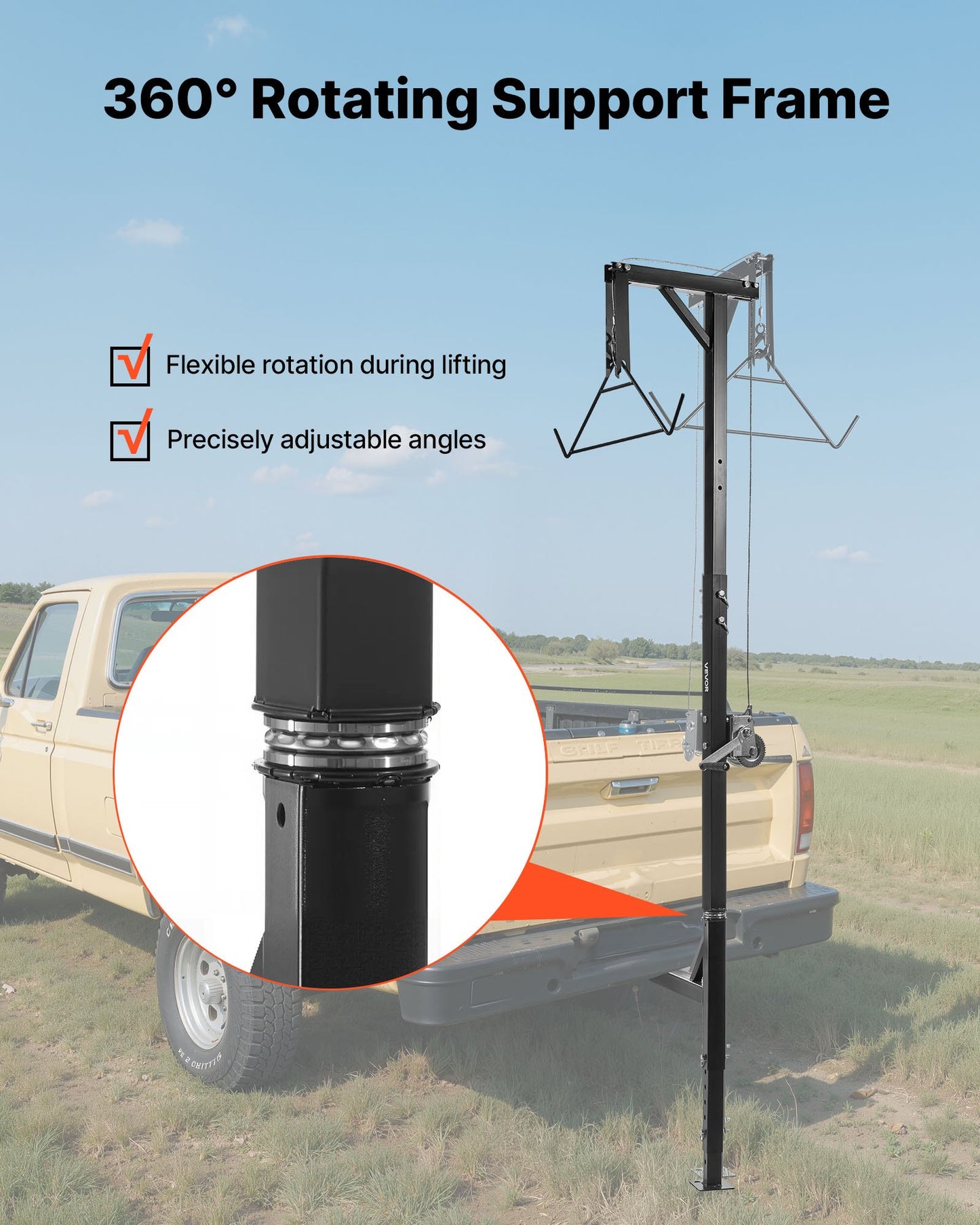 Truck Hitch Game Hoist, 500 lbs Load Capacity, Hunting Deer Hoist with 2-inch Receiver, 360-Degree Swivel Shaft & Adjustable Height, Includes Gambrel Winch for Skinning & Cleaning Game