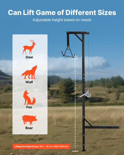 Truck Hitch Game Hoist, 500 lbs Load Capacity, Hunting Deer Hoist with 2-inch Receiver, 360-Degree Swivel Shaft & Adjustable Height, Includes Gambrel Winch for Skinning & Cleaning Game