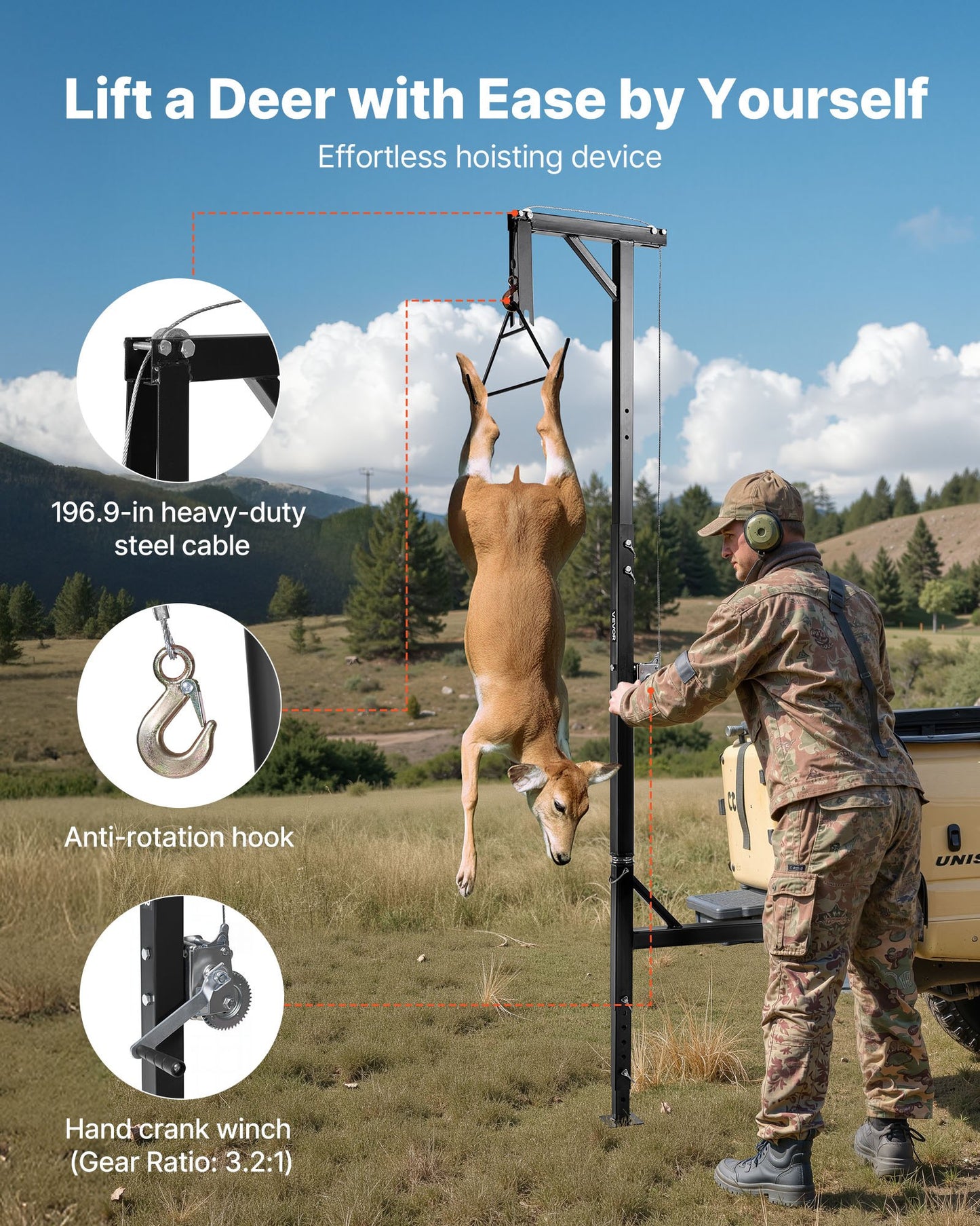 Truck Hitch Game Hoist, 600 lbs Load Capacity, Hunting Deer Hoist with 2-inch Receiver, 360-Degree Swivel Shaft & Adjustable Height, Includes Gambrel Winch for Skinning & Cleaning Game