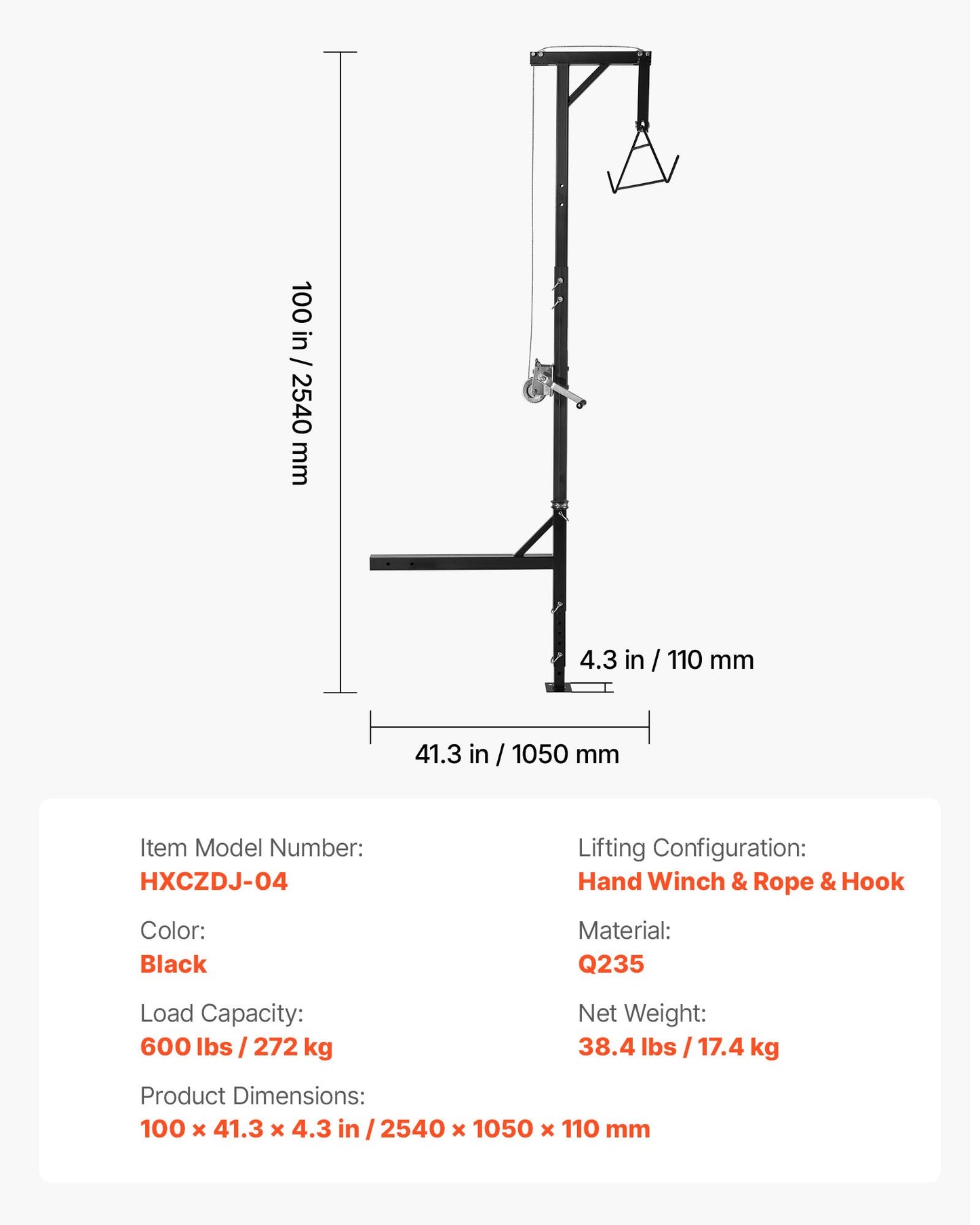 Truck Hitch Game Hoist, 600 lbs Load Capacity, Hunting Deer Hoist with 2-inch Receiver, 360-Degree Swivel Shaft & Adjustable Height, Includes Gambrel Winch for Skinning & Cleaning Game