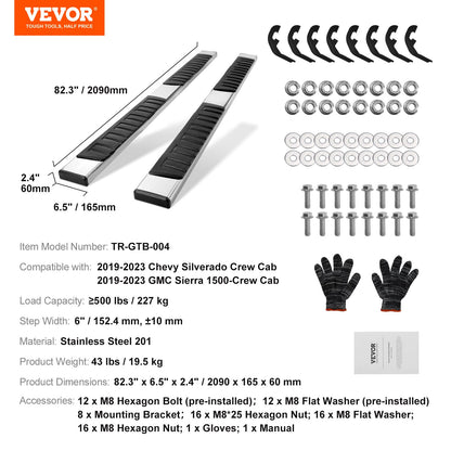 Running Boards, 6" Step Bars Compatible with 2019-2023 Chevy Silverado/GMC Sierra 1500/2020-2024 Silverado/Sierra 2500/3500HD Crew Cab, 201 Stainless Steel Side Steps Nerf Bars, 500LBS, 2 Piece