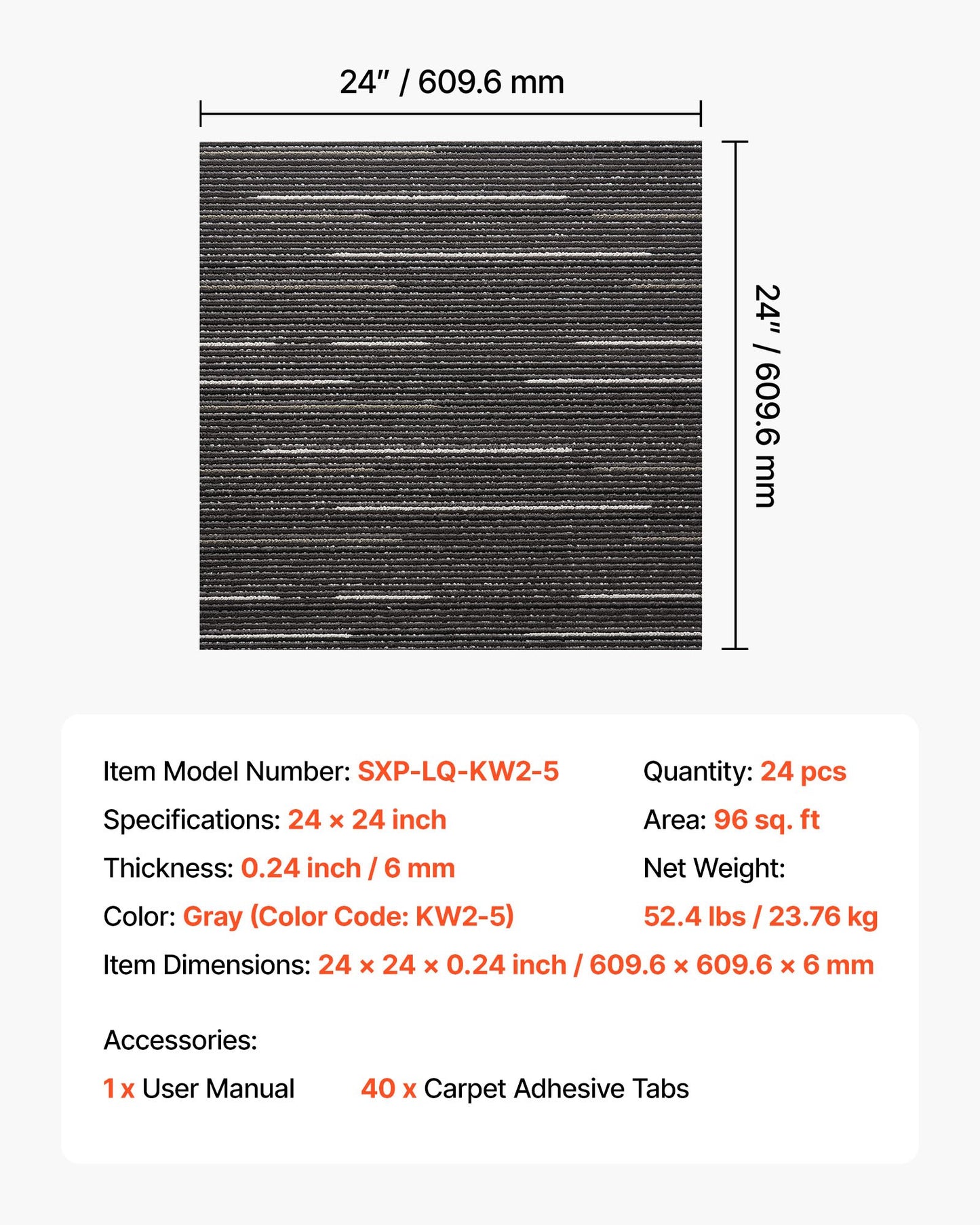 Carpet Tiles Reusable 610x610 mm, 24 PCS Modular Carpet Square Rug, Commercial Floor Soft Padded for Seamless Cover 8.9㎡, Easy DIY Replacement for Living Room Bedroom Office Indoor, Gray