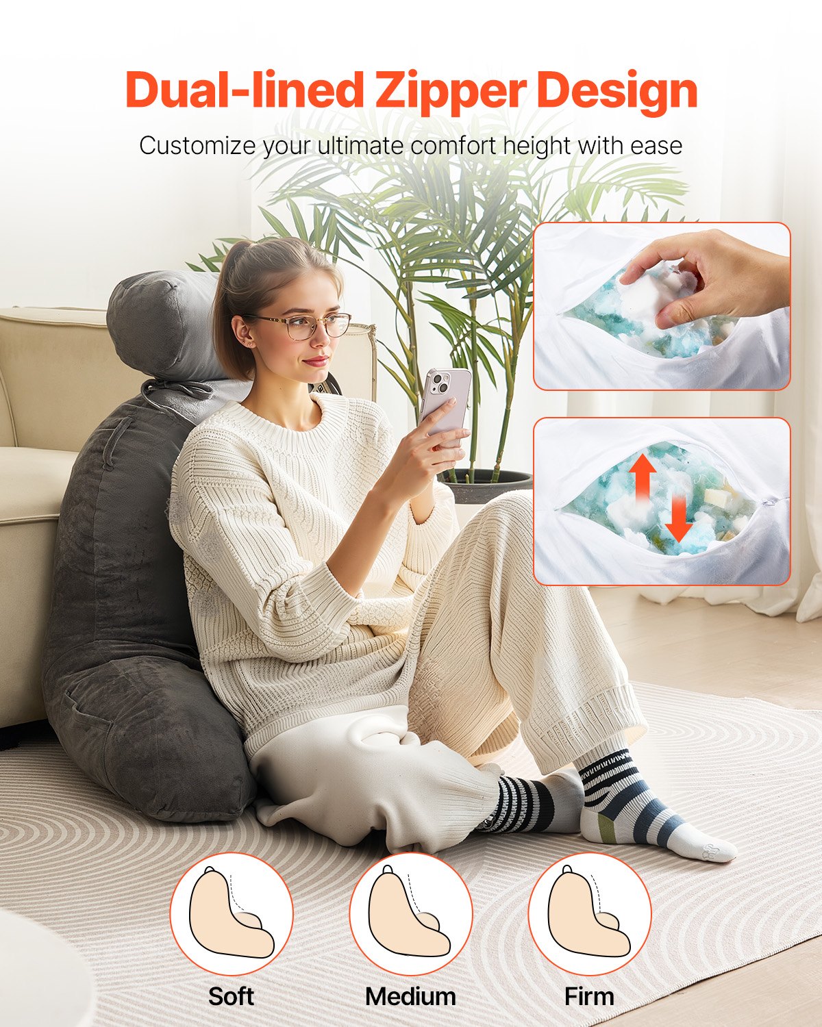 Läskudde, Stor sängkudde med avtagbart nackstöd, Ryggkudde med 3 fickor, Strimlat minnesskum och tvättbar kort sammetsduk, Sida med handtag för läsning, spel, vila, Grå