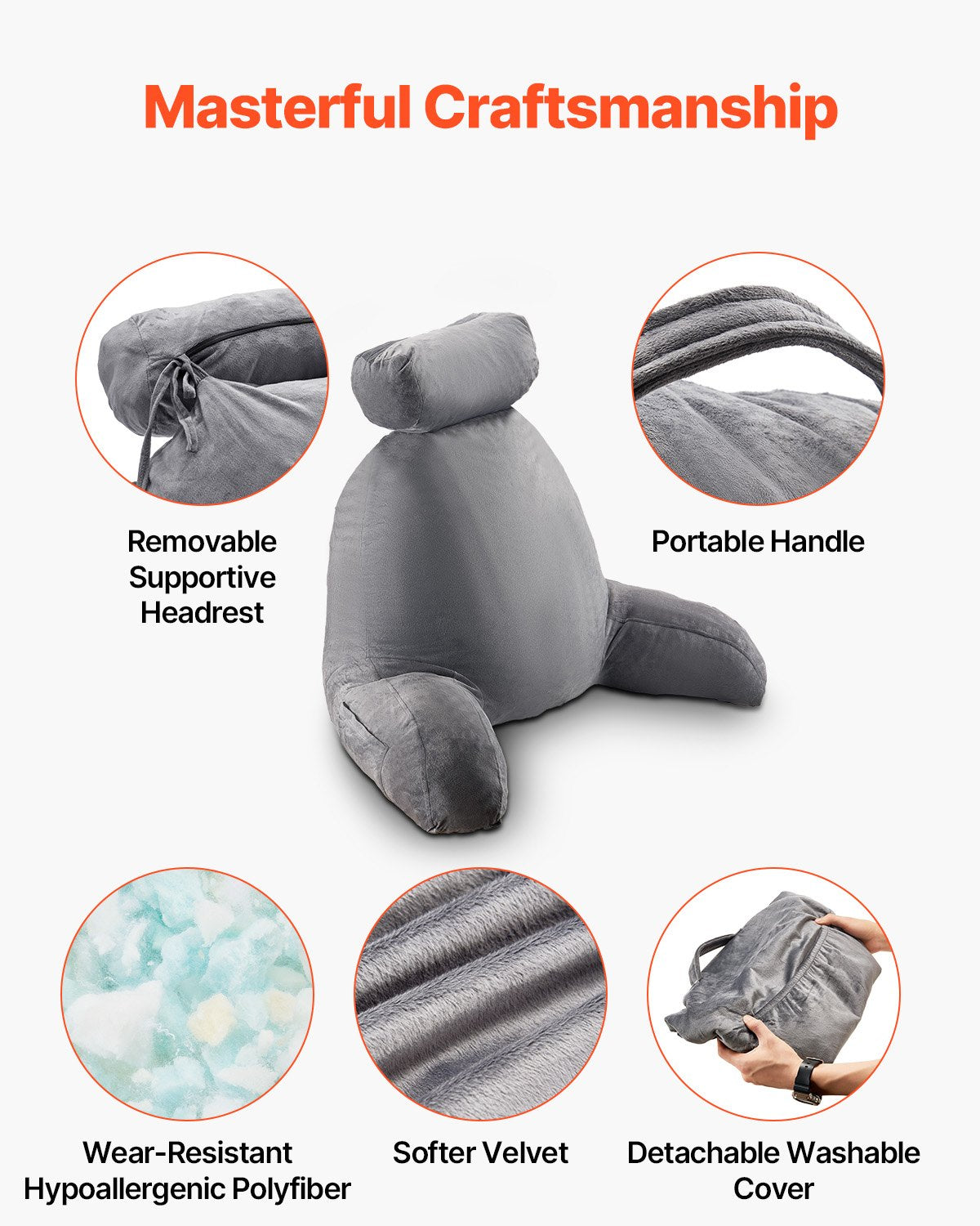 Läskudde, Stor sängkudde med avtagbart nackstöd, Ryggkudde med 3 fickor, Strimlat minnesskum och tvättbar kort sammetsduk, Sida med handtag för läsning, spel, vila, Grå