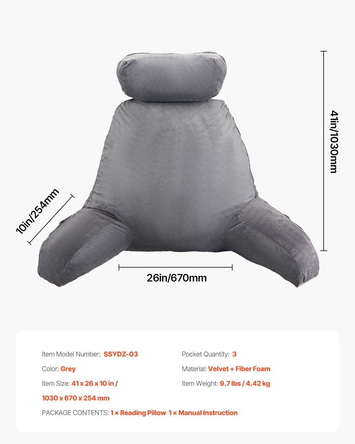 Läskudde, Stor sängkudde med avtagbart nackstöd, Ryggkudde med 3 fickor, Strimlat minnesskum och tvättbar kort sammetsduk, Sida med handtag för läsning, spel, vila, Grå