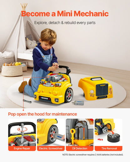 Engine Toy, 60 Pieces, Kids Mechanic Car Repair Set with Removable Parts, Lights and Sounds, Steering Wheel and Horn, Kids Mechanic Workshop Set for Toddler Ages 3 Years and Up, Yellow