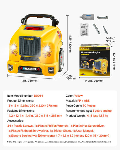 Engine Toy, 60 Pieces, Kids Mechanic Car Repair Set with Removable Parts, Lights and Sounds, Steering Wheel and Horn, Kids Mechanic Workshop Set for Toddler Ages 3 Years and Up, Yellow