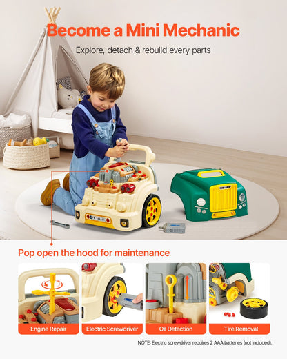 Engine Toy, 60 Pieces, Kids Mechanic Car Repair Set with Removable Parts, Lights and Sounds, Steering Wheel and Horn, Kids Mechanic Workshop Set for Toddler Ages 3 Years and Up, Green