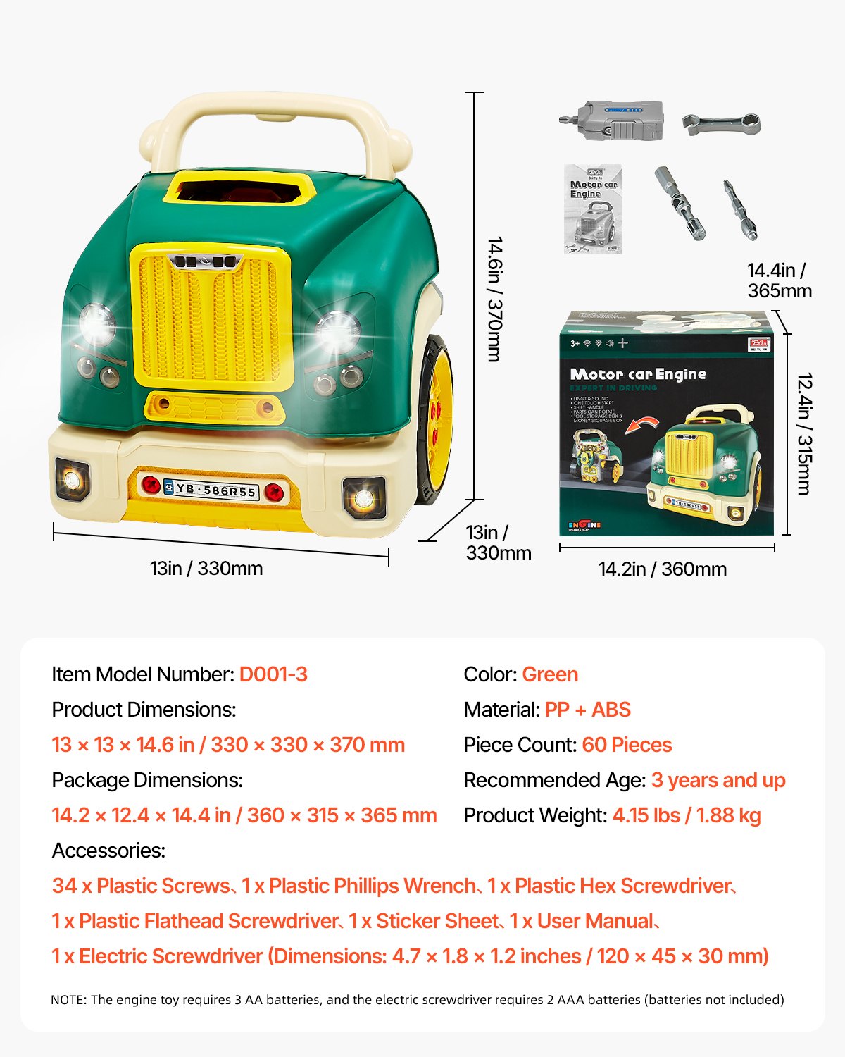 Engine Toy, 60 Pieces, Kids Mechanic Car Repair Set with Removable Parts, Lights and Sounds, Steering Wheel and Horn, Kids Mechanic Workshop Set for Toddler Ages 3 Years and Up, Green