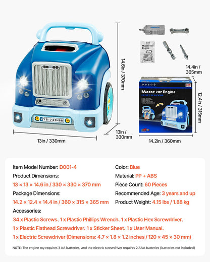 Motorleksak, 60 delar, barnmekanikerbilreparationsset med avtagbara delar, ljus och ljud, ratt och tuta, barnmekanikerverkstadsset för småbarn från 3 år, blå