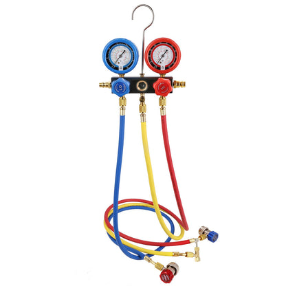 186 W (1/4 hk) 267 l/min (4,5 CFM) AC-vakuumpump och mätare, enstegs roterande lamell HVAC-luftvakuumpump AC-kylmedelssats, manometersats för grenrör, med trefärgad slangväska, tillämplig på R134a, R410a