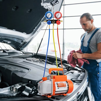 186 W (1/4 hk) 267 l/min (4,5 CFM) AC-vakuumpump och mätare, enstegs roterande lamell HVAC-luftvakuumpump AC-kylmedelssats, manometersats för grenrör, med trefärgad slangväska, tillämplig på R134a, R410a