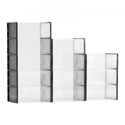 Skoförvaringslådor, 12-pack stapelbara skokartonger, passar upp till US-storlek 11, modulära plastbehållare för förvaring av höga klackar, stövlar och hattar, svart ram