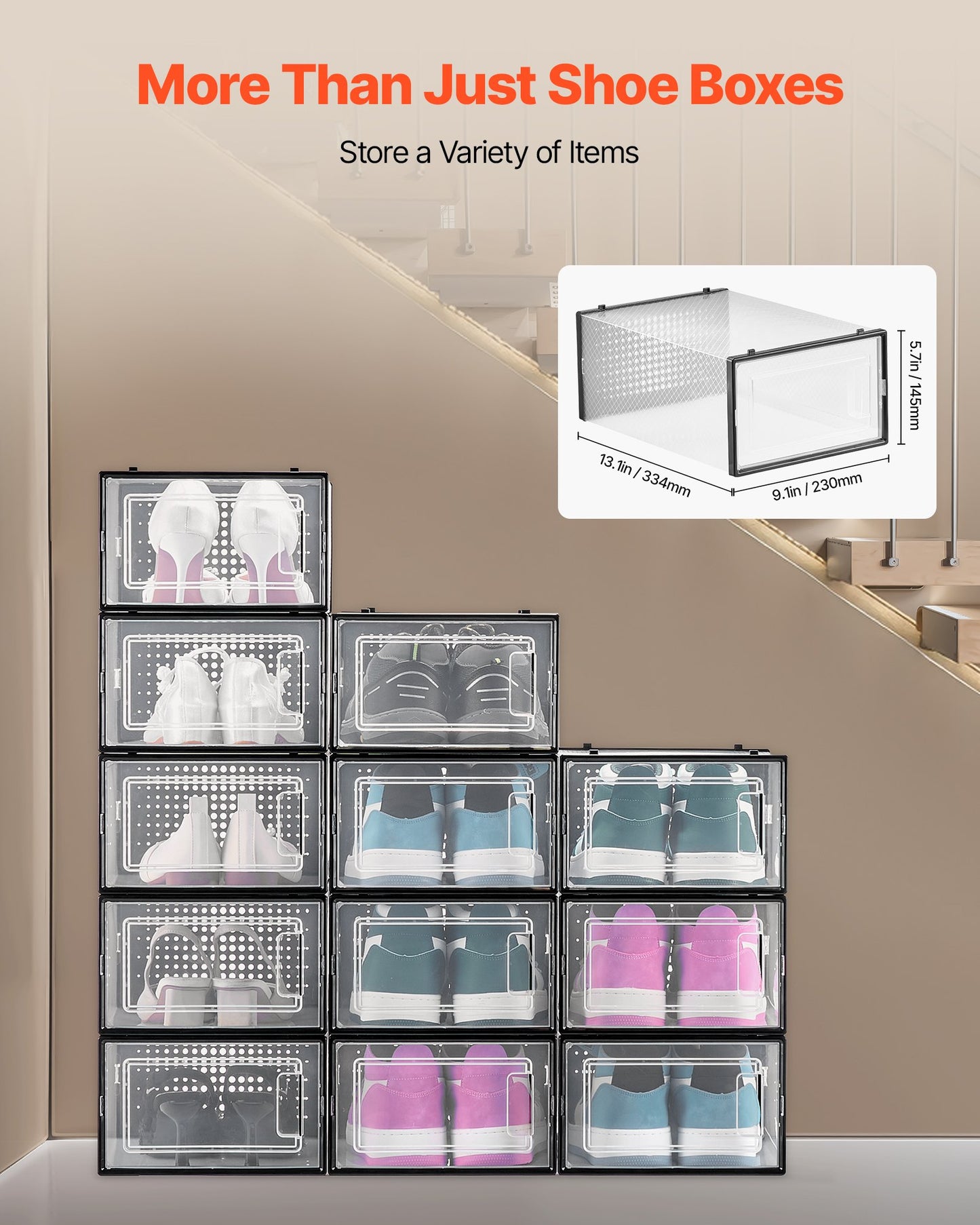 Skoförvaringslådor, 12-pack stapelbara skokartonger, passar upp till US-storlek 11, modulära plastbehållare för förvaring av höga klackar, stövlar och hattar, svart ram