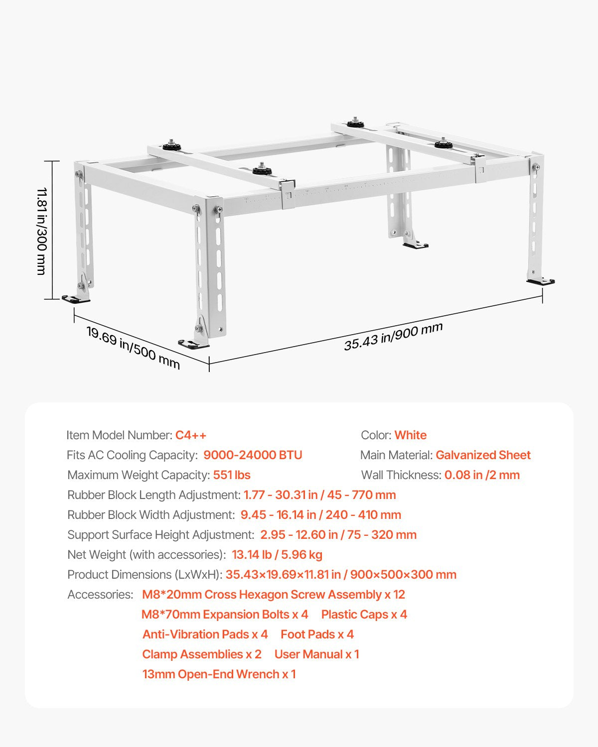 Mini Split Ground Stand, Adjustable Anti-Vibration Mini Split Stand for 9000-24000 BTU Ductless Air Conditioner Heat Pump, Heavy Duty AC Base Bracket Floor Mount w/ 250kg Max. Load Capacity