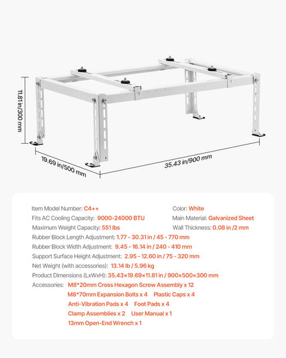 Mini Split Ground Stand, Adjustable Anti-Vibration Mini Split Stand for 9000-24000 BTU Ductless Air Conditioner Heat Pump, Heavy Duty AC Base Bracket Floor Mount w/ 250kg Max. Load Capacity