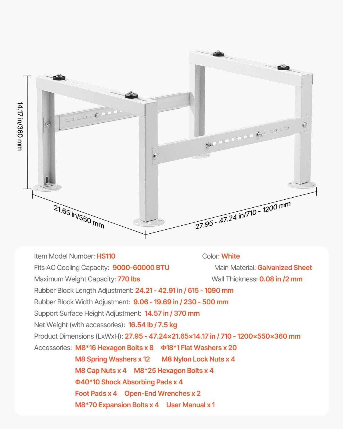 Mini Split Ground Stand, Adjustable Anti-Vibration Mini Split Stand for 9000-60000 BTU Ductless Air Conditioner Heat Pump, Heavy Duty AC Base Bracket Floor Mount w/ 350kg Max. Load Capacity