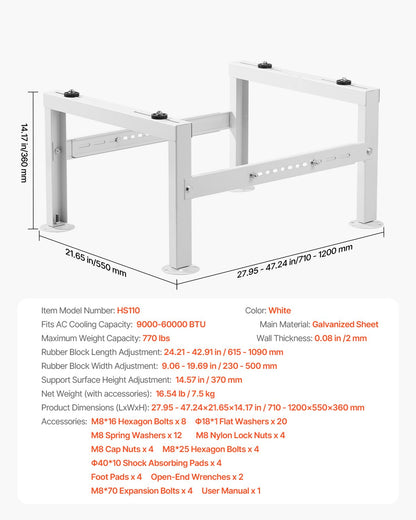 Mini Split Ground Stand, Adjustable Anti-Vibration Mini Split Stand for 9000-60000 BTU Ductless Air Conditioner Heat Pump, Heavy Duty AC Base Bracket Floor Mount w/ 350kg Max. Load Capacity