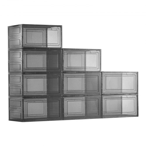 Shoe Storage Boxes, 9 Pack Clear Stackable Shoe Boxes Storage Organizers with Magnetic Door, Fit up to US Size 13, Plastic Sneaker Containers for High Heels, Boots, and Hats, Transparent Black