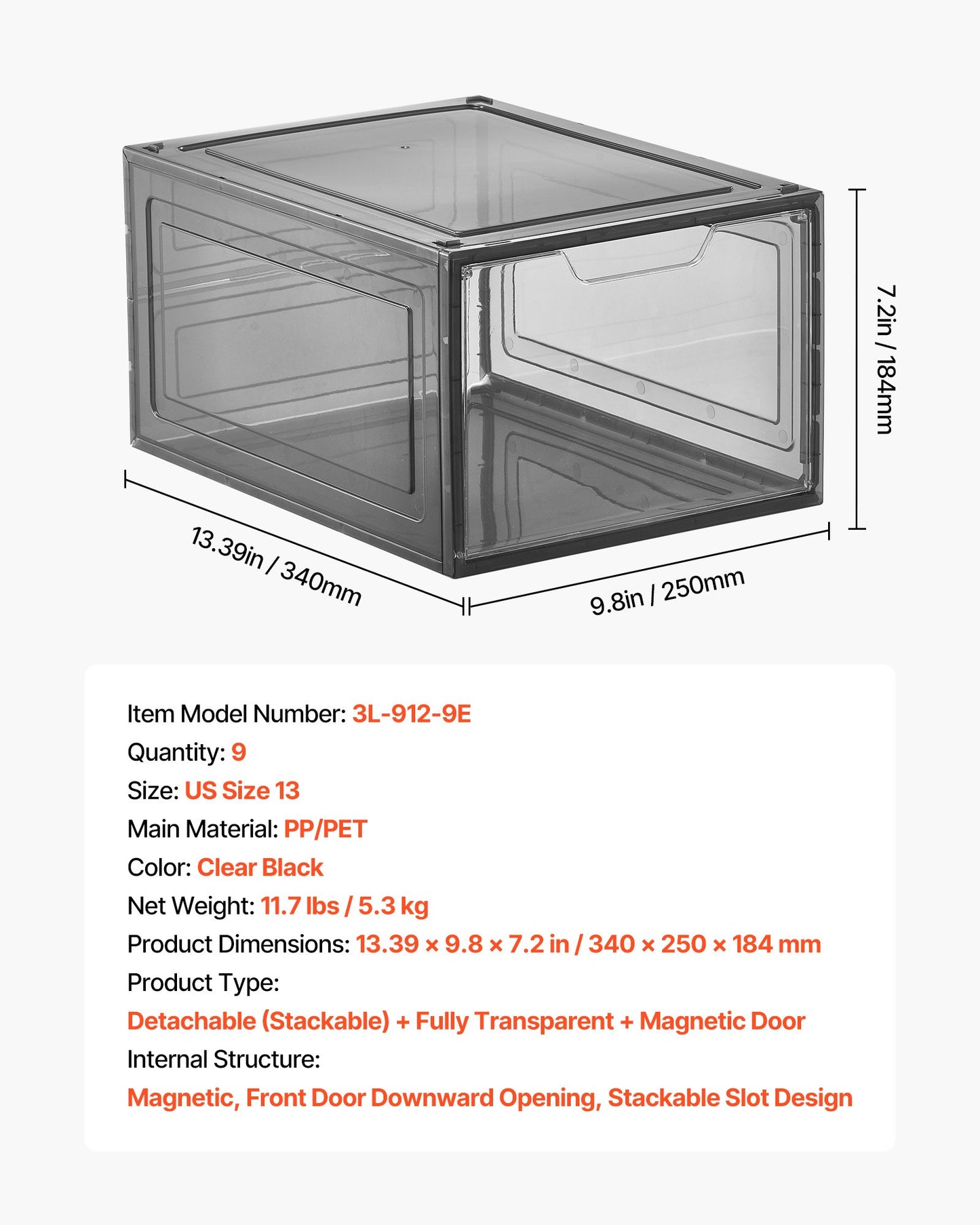 Skoförvaringslådor, 9-pack genomskinliga stapelbara skokartonger med magnetisk dörr, passar upp till US-storlek 13, plastbehållare för sneakers för höga klackar, stövlar och hattar, transparent svart