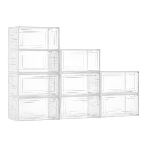 Shoe Storage Boxes, 9 Pack Clear Stackable Shoe Boxes Storage Organizers with Magnetic Door, Fit up to US Size 13, Plastic Sneaker Containers for High Heels, Boots, and Hats, Transparent White