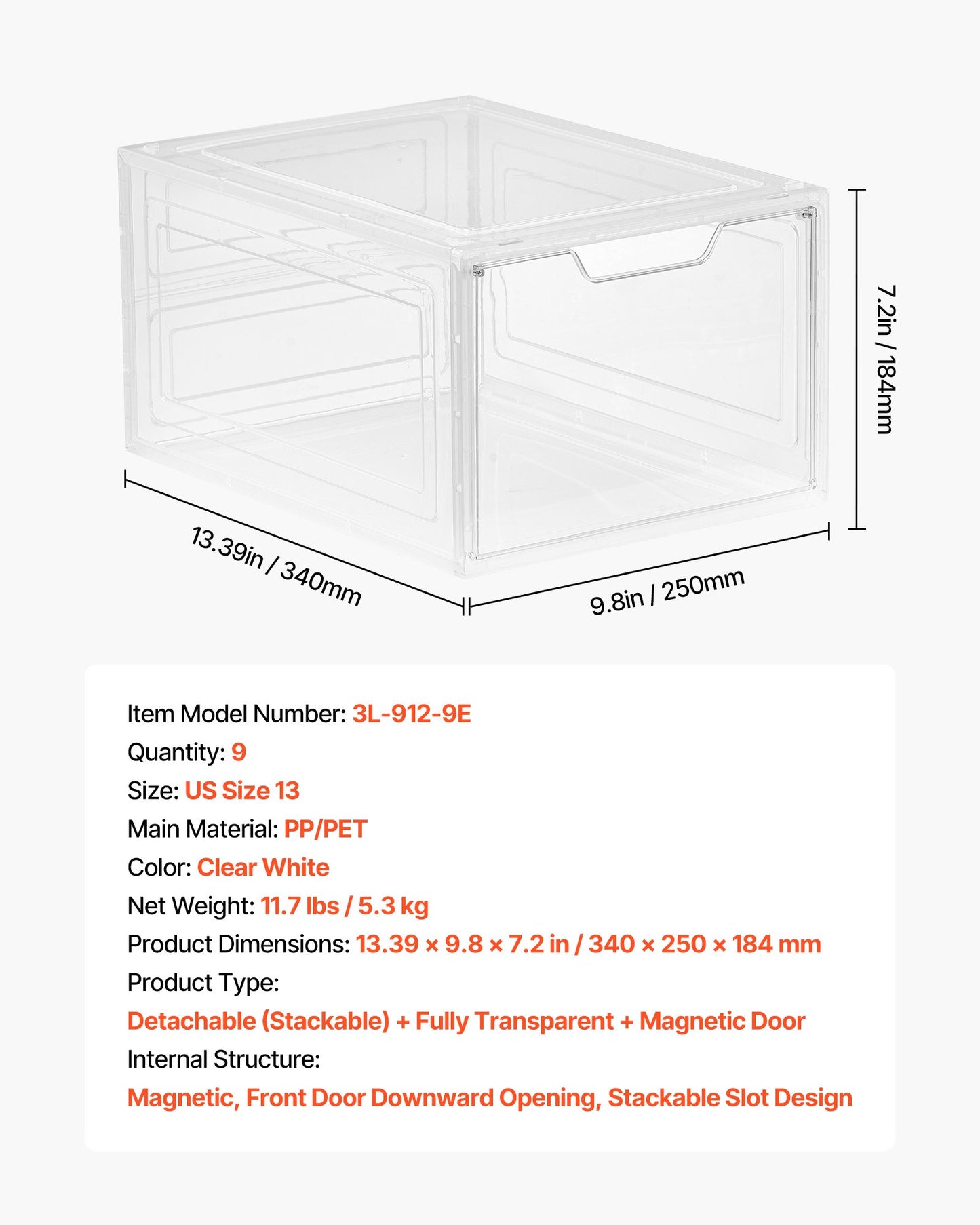 Shoe Storage Boxes, 9 Pack Clear Stackable Shoe Boxes Storage Organizers with Magnetic Door, Fit up to US Size 13, Plastic Sneaker Containers for High Heels, Boots, and Hats, Transparent White