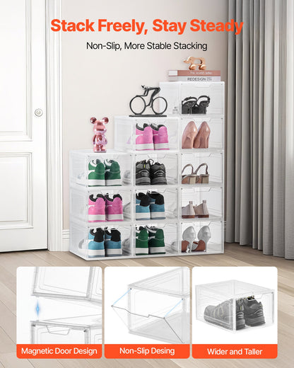 Skoförvaringslådor, 12-pack genomskinliga stapelbara skokartonger med magnetisk dörr, passar upp till US-storlek 13, plastbehållare för sneakers för höga klackar, stövlar och hattar, transparent vit